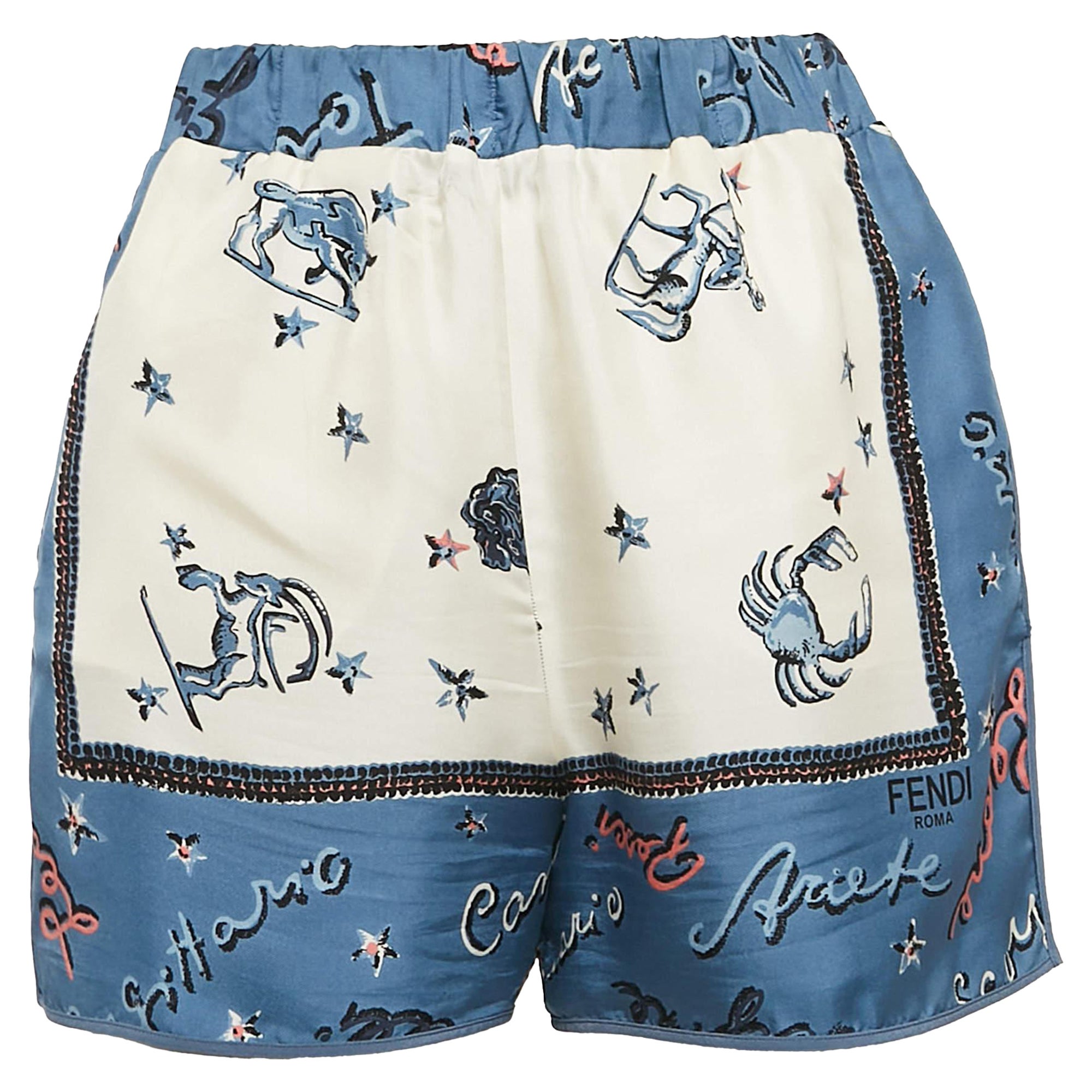 Fendi Blue/White Astrology Print Silk Shorts S For Sale