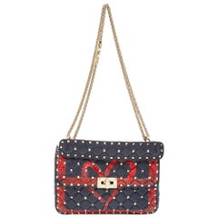 Valentino Blue/Red Quilted Leather Medium Rockstud Spike Heart Top Handle Bag
