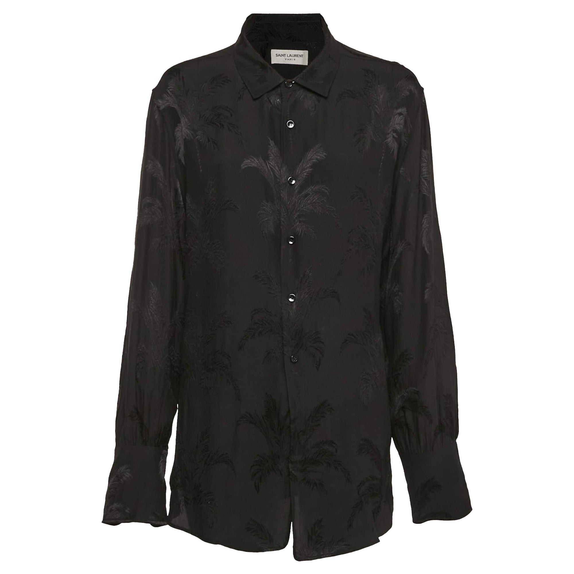 Saint Laurent Paris - Chemise noire boutonnée sur le devant en jacquard de soie M