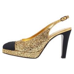 Chanel Gold/Black Glitter and Fabric Cap Toe Platform Slingback Pumps Size 40