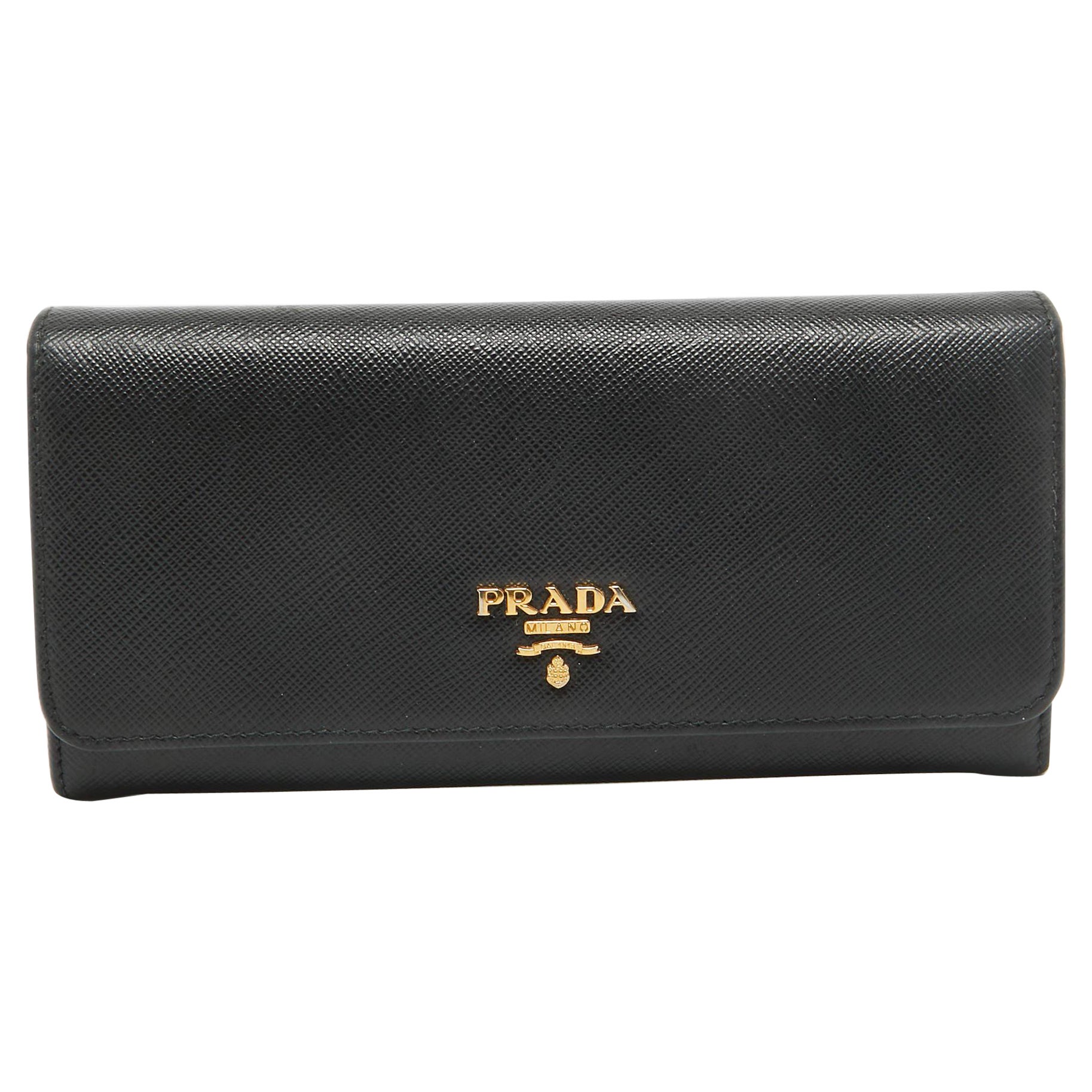 Prada Black Saffiano Leather Flap Continental Wallet For Sale