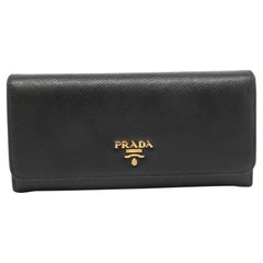 Prada Schwarz Saffiano Leder Klappe Kontinental Brieftasche