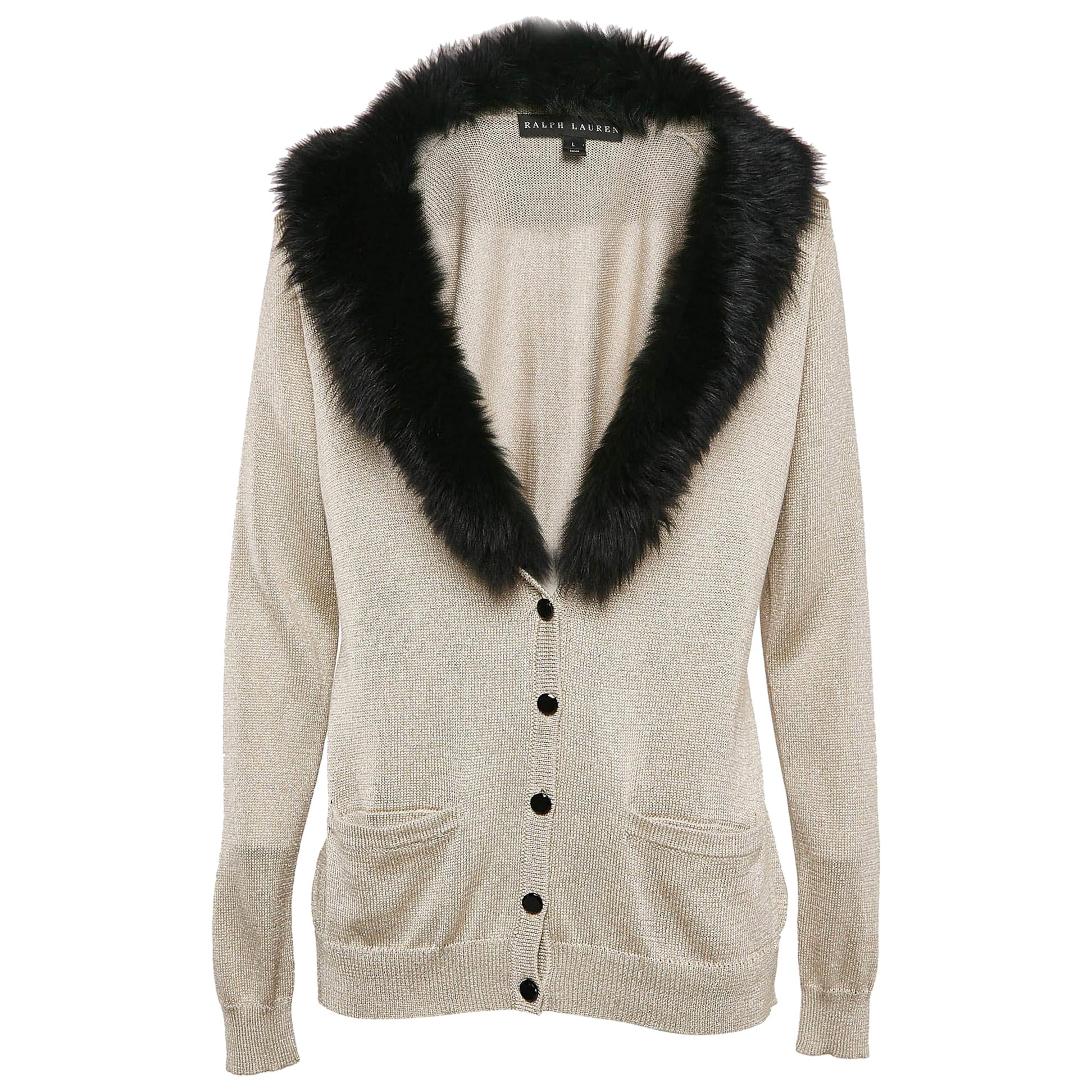 Ralph Lauren Beige Shearling Trim Collar Lurex Knit Button Up Cardigan L
