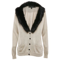Ralph Lauren Beige Shearling Trim Collar Lurex Knit Button Up Cardigan L