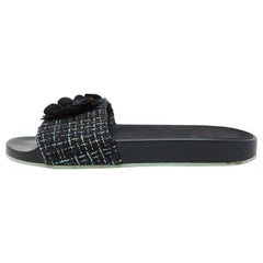 Chanel Black/Green Tweed Grosgrain Camellia Slide Sandals Size 42