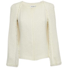 Chanel Ivory White Tweed Cape Fringe Detail Jacket M