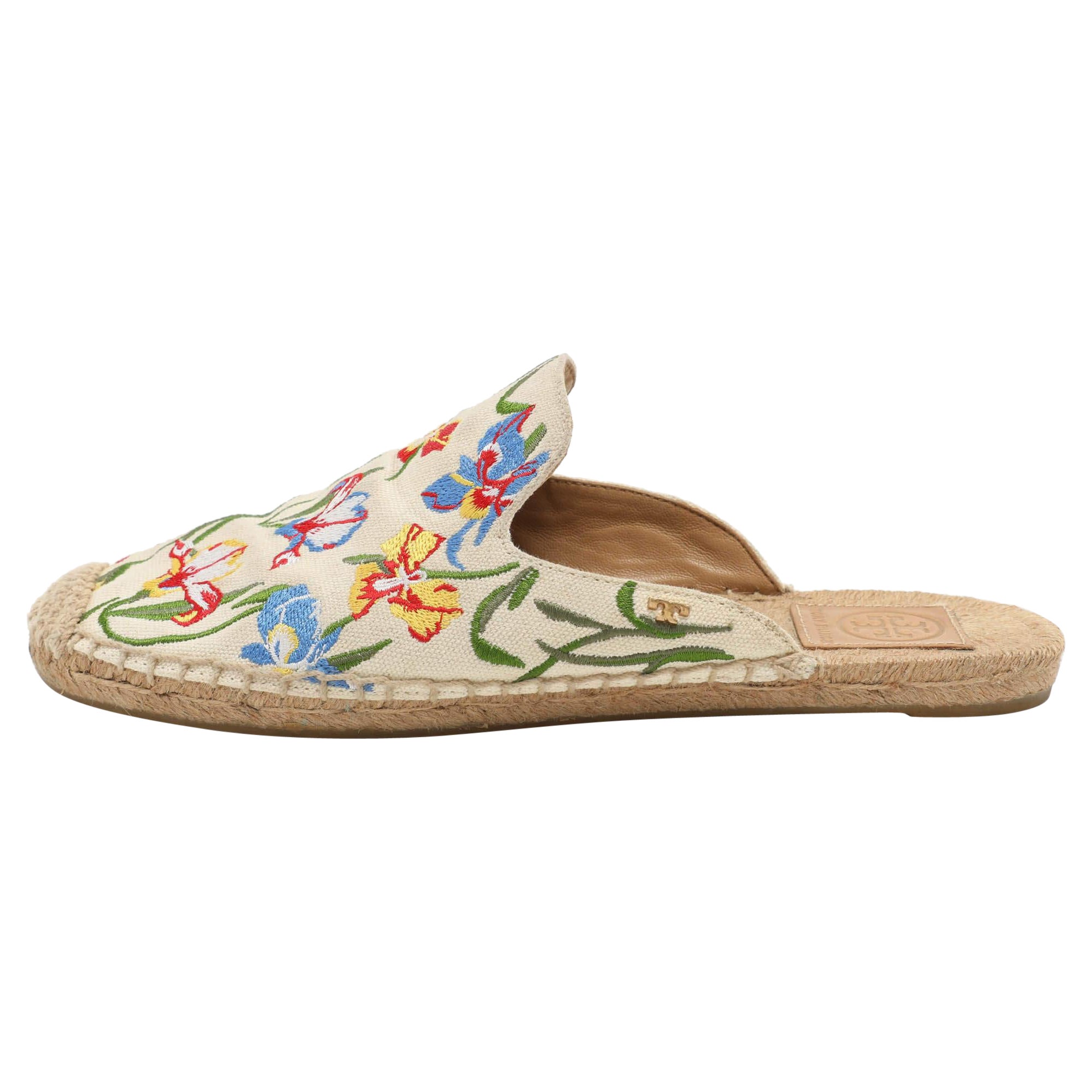 Tory Burch Multicolor Floral Embroidered Canvas Espadrille Mules Taglia 37.5
