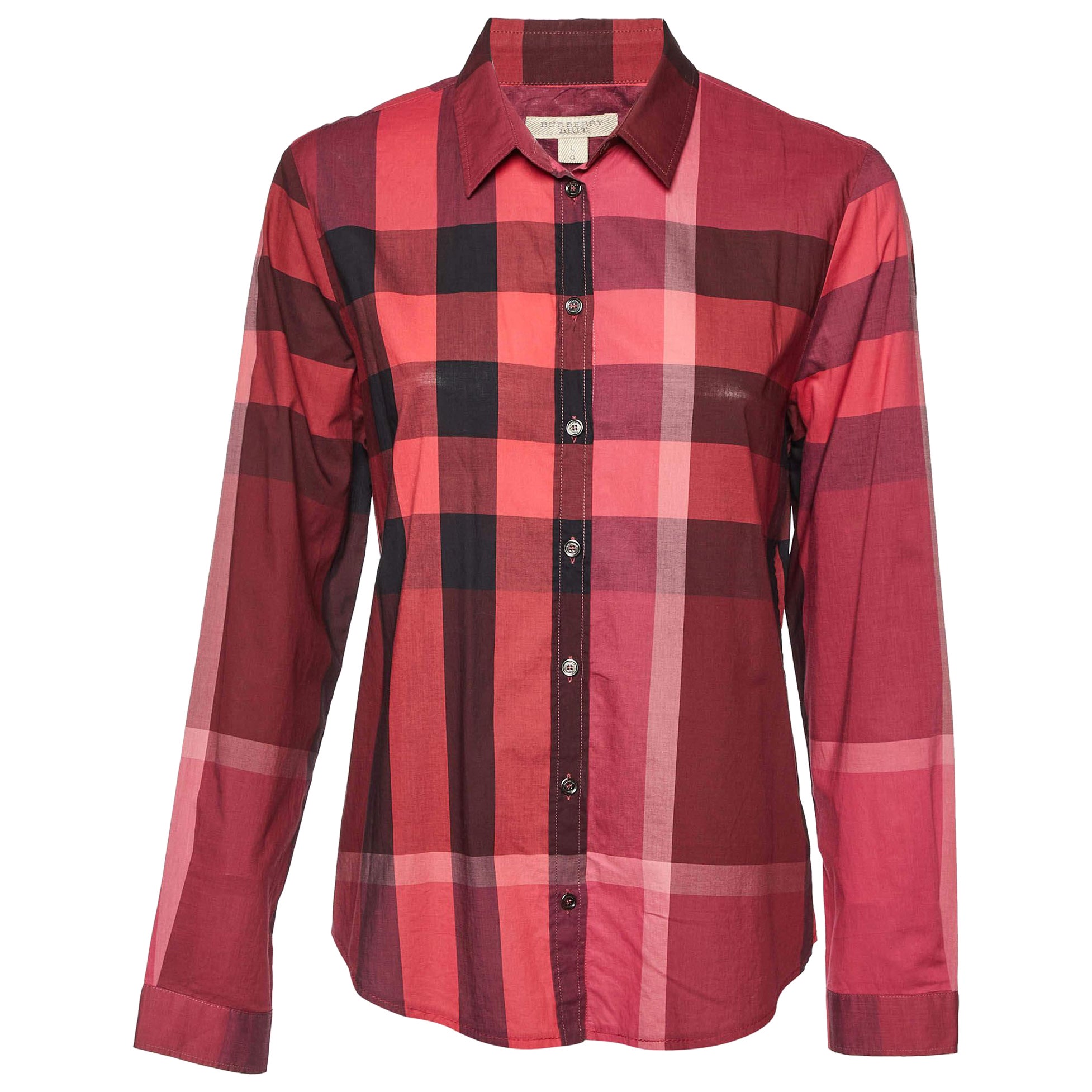 Burberry Brit Pink Nova Check Cotton Button Front Shirt L For Sale