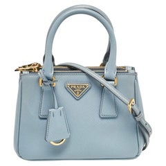 Prada Light Blue Saffiano Lux Leather Mini Double Zip Crossbody Bag
