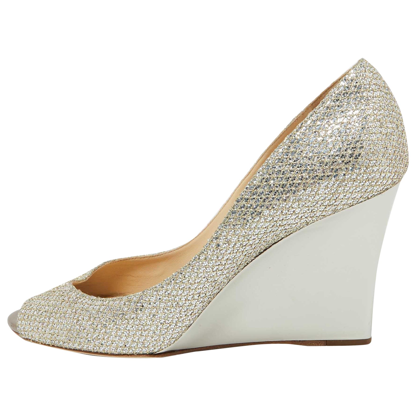 Jimmy Choo Gold Metallic Glitter Fabric Baxen Wedge Pumps Size 42 For Sale