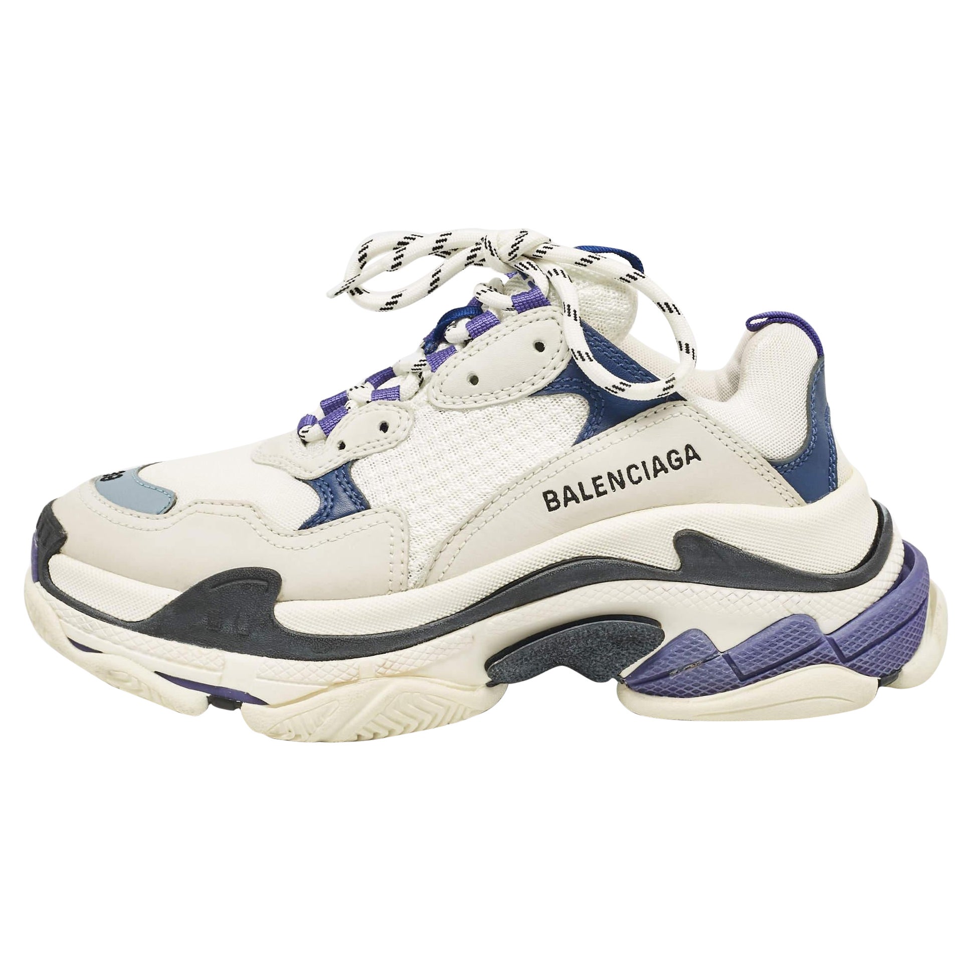 Balenciaga Dreifach-Sneakers aus weißem/blauem Mesh und Leder Größe 39