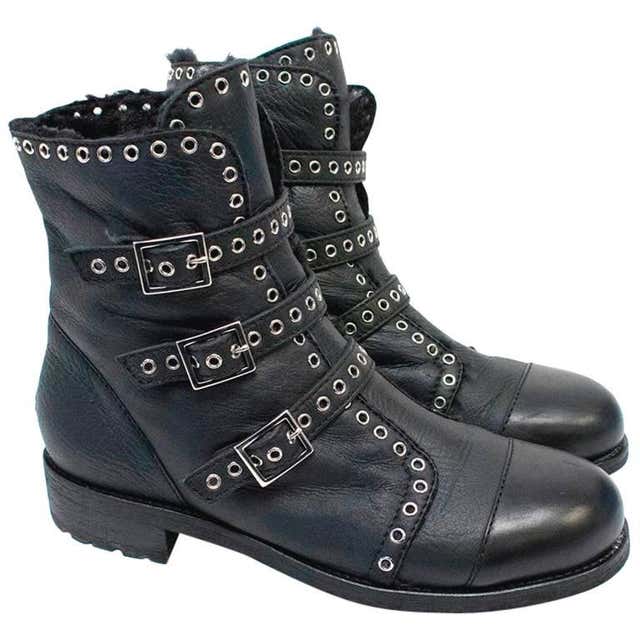 Jimmy Choo Black Leather Biker Boots with Shearling Lining For Sale at 1stDibs