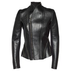 Rick Owens Chaqueta motera de piel negra con cremallera y paneles de punto M