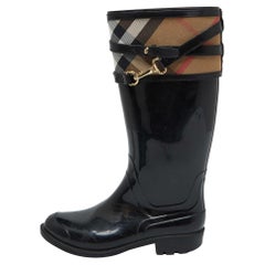 Burberry Stivali da pioggia in gomma e tela a scacchi neri/beige taglia 38