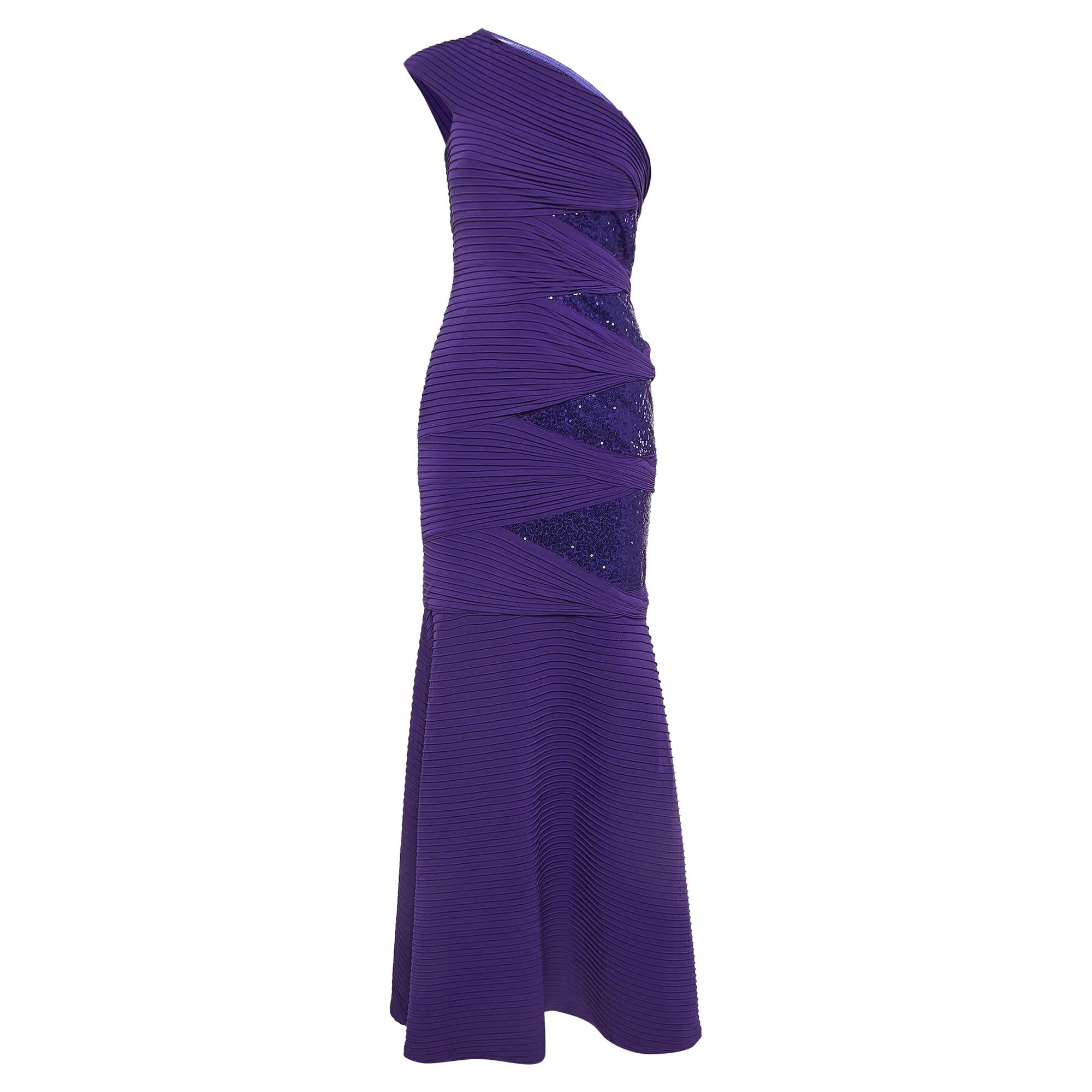 Tadashi Shoji Vestido de un hombro con detalle de lentejuelas y jersey pintuck morado XL en venta