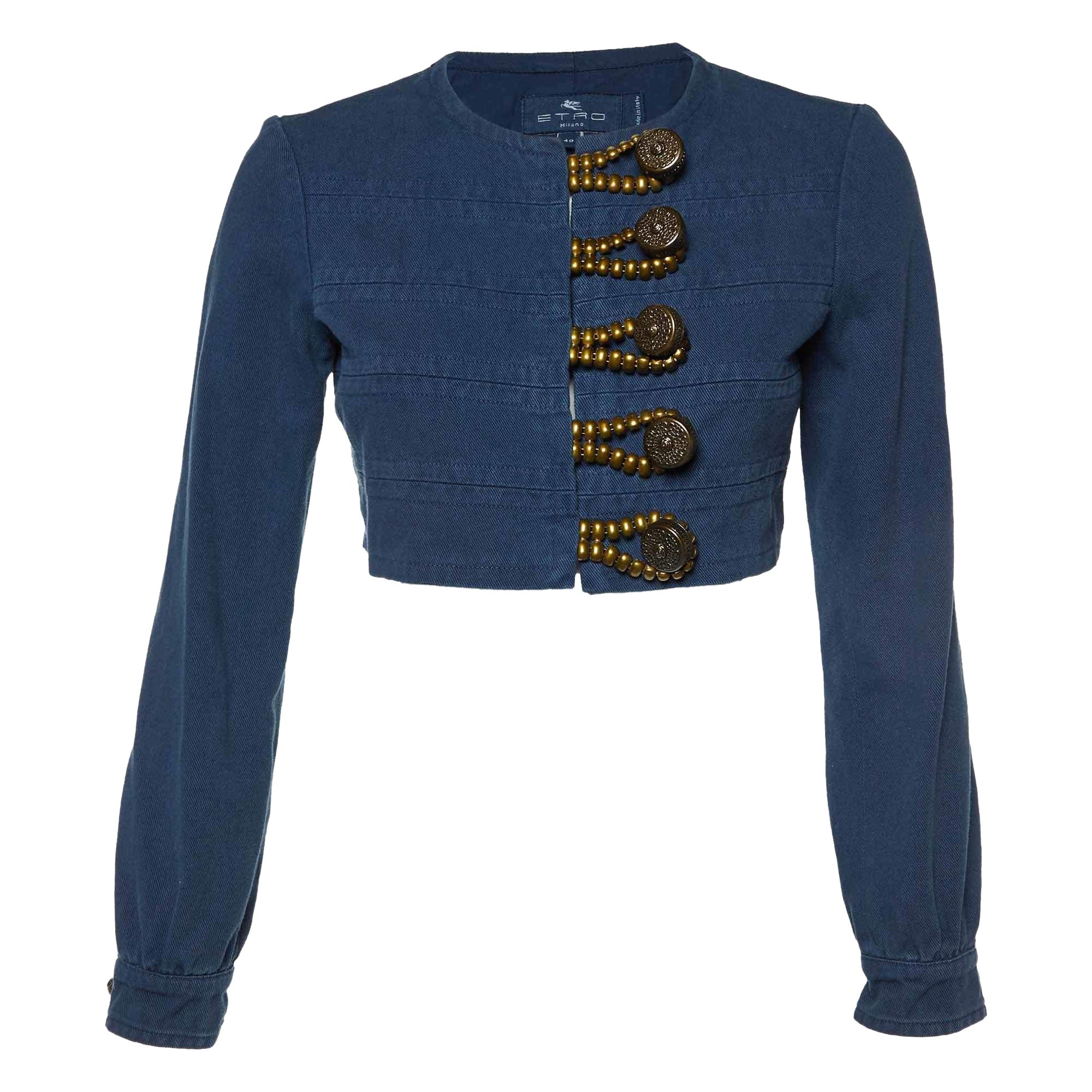 Etro Blue Gabardine Cotton Button Detail Cropped Jacket S For Sale