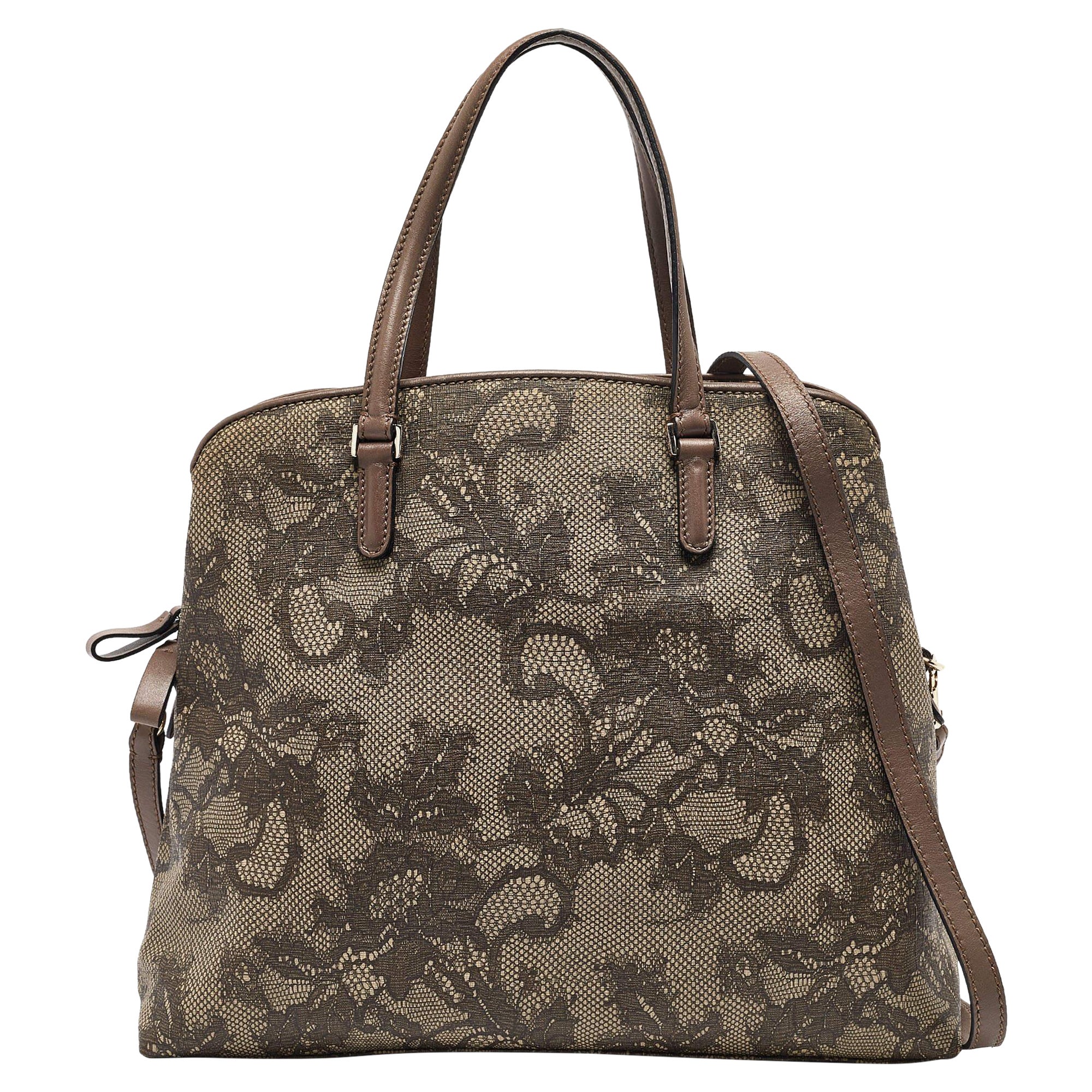 Valentino Beige Lace Print Leather Zip Satchel (Sac à main en cuir zippé)