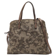 Valentino Beige Lace Print Leather Zip Satchel