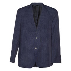 Fendi Blue Zucca Print Linen Blend Single Breasted Blazer XXL
