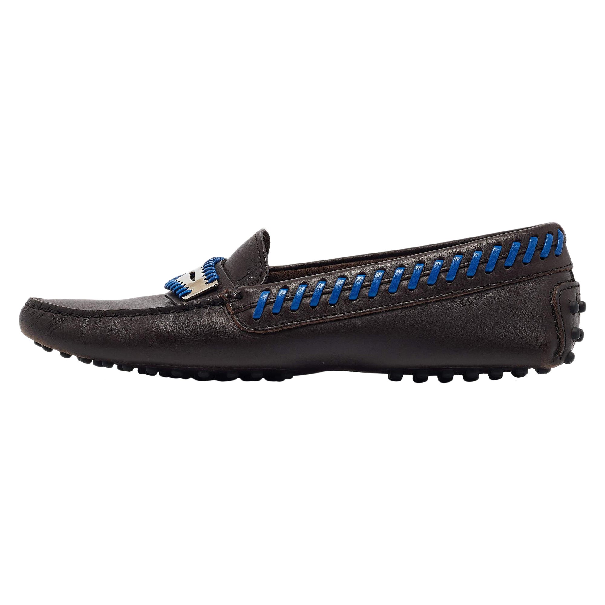 Tod's Dark Brown Leather Whip Stitch Trim Detail Penny Loafers Size 37 For Sale
