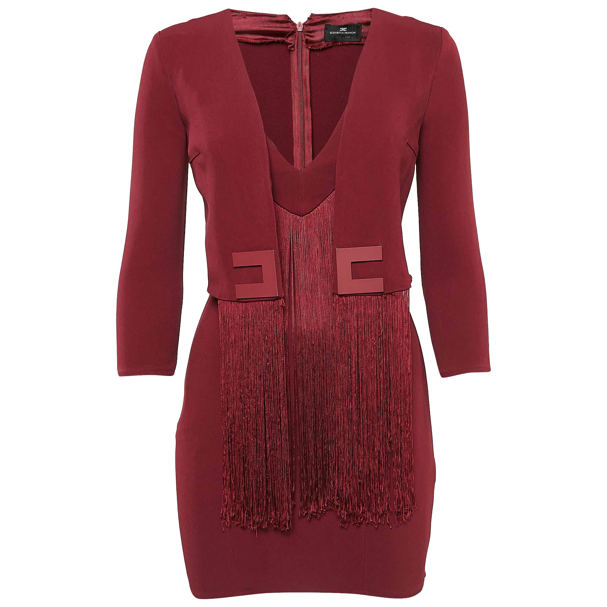 Elisabetta Franchi Burgundy Fringed Crepe Mini Dress S For Sale