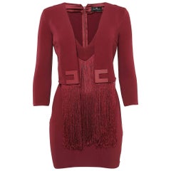 Elisabetta Franchi Burgunderfarbenes Minikleid aus Krepp mit Fransen und Krepp S