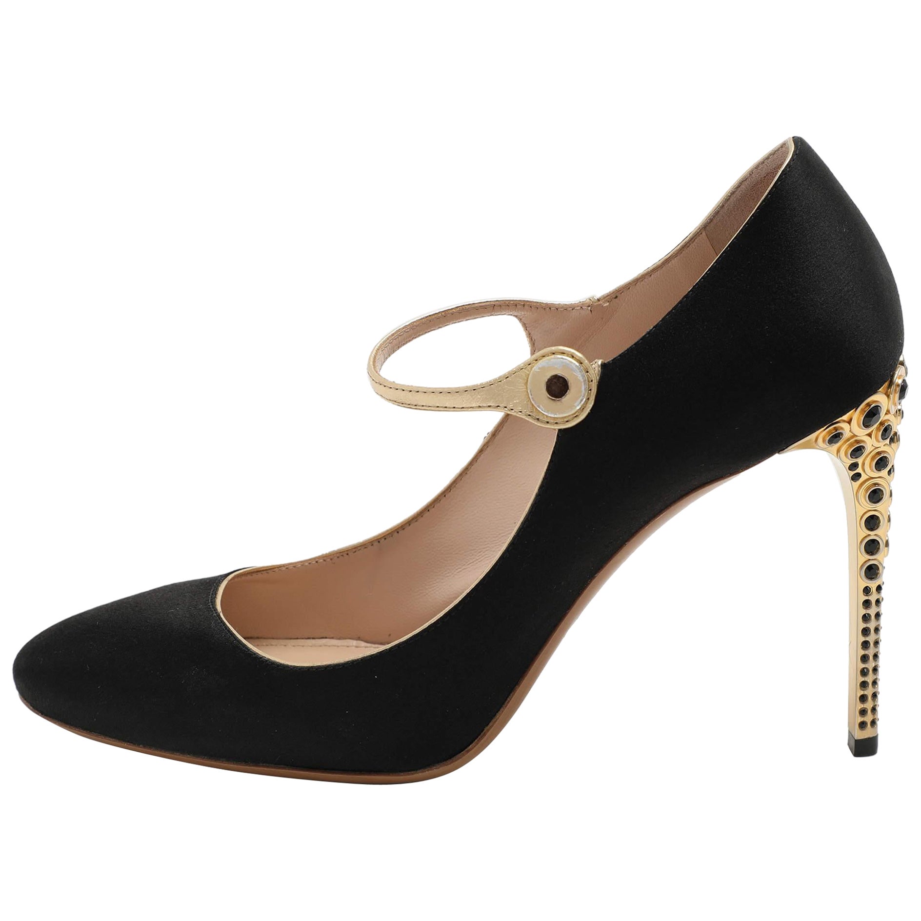 Miu Schwarz/Gold Satin und Leder Mary Jane Pumps Größe 40 im Angebot