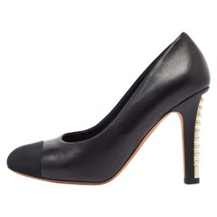 Chanel Black Leather and Fabric Cap Toe Faux Pearl Heel Pumps Size 40