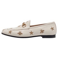 Gucci White Bee & Star Embroidered Leather Jordaan Loafers Size 38