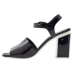 Chanel Black Patent Leather CC Block Heel Ankle Strap Sandals 40