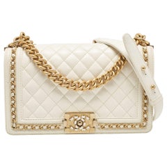 Chanel Off White Quilted Caviar Leather Medium Chain Around Boy Flap Bag