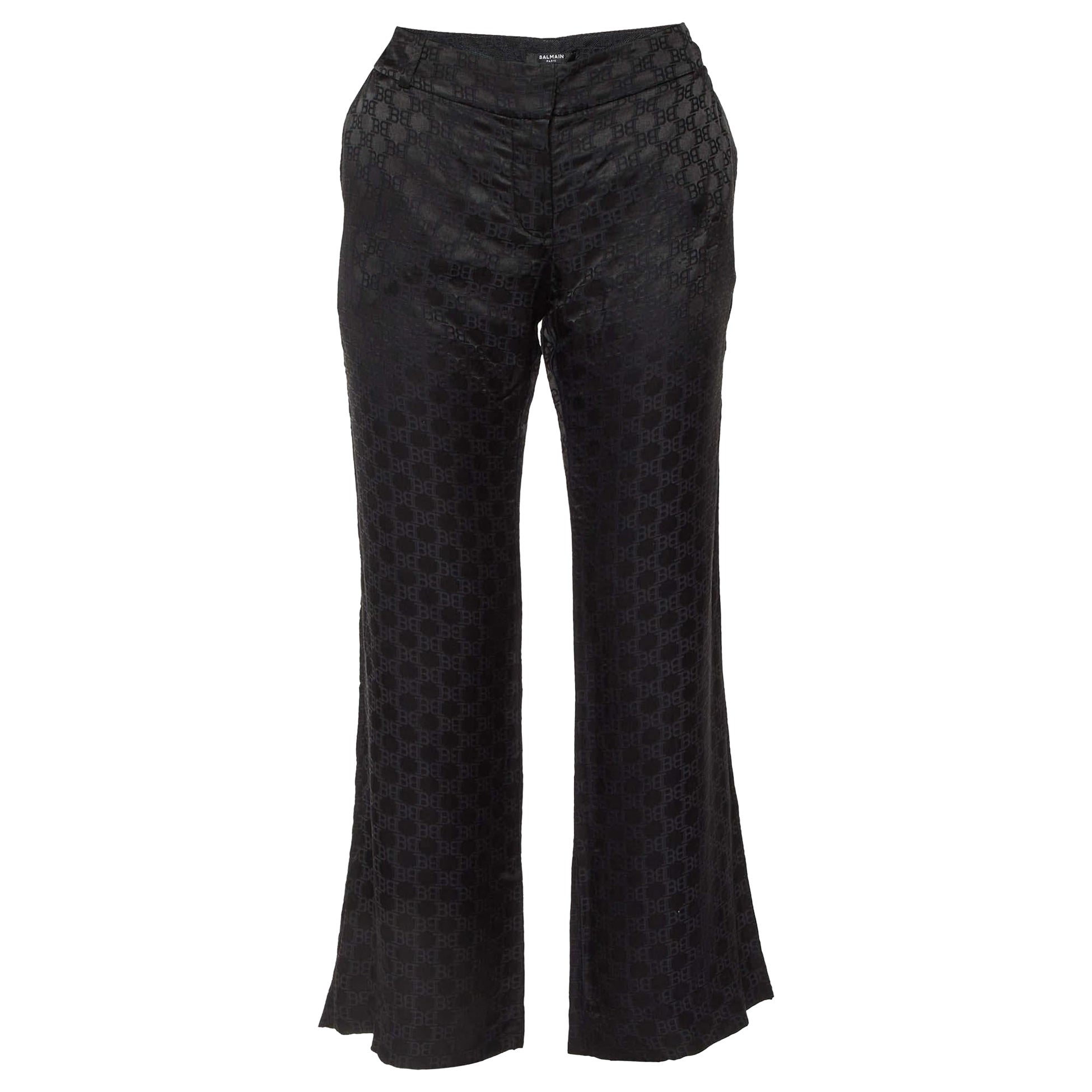 Balmain Black Logo Jacquard Silk Blend Palazzo Pants L