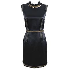 Lanvin Black Satin Cocktail Dress with Pearls and Chains
