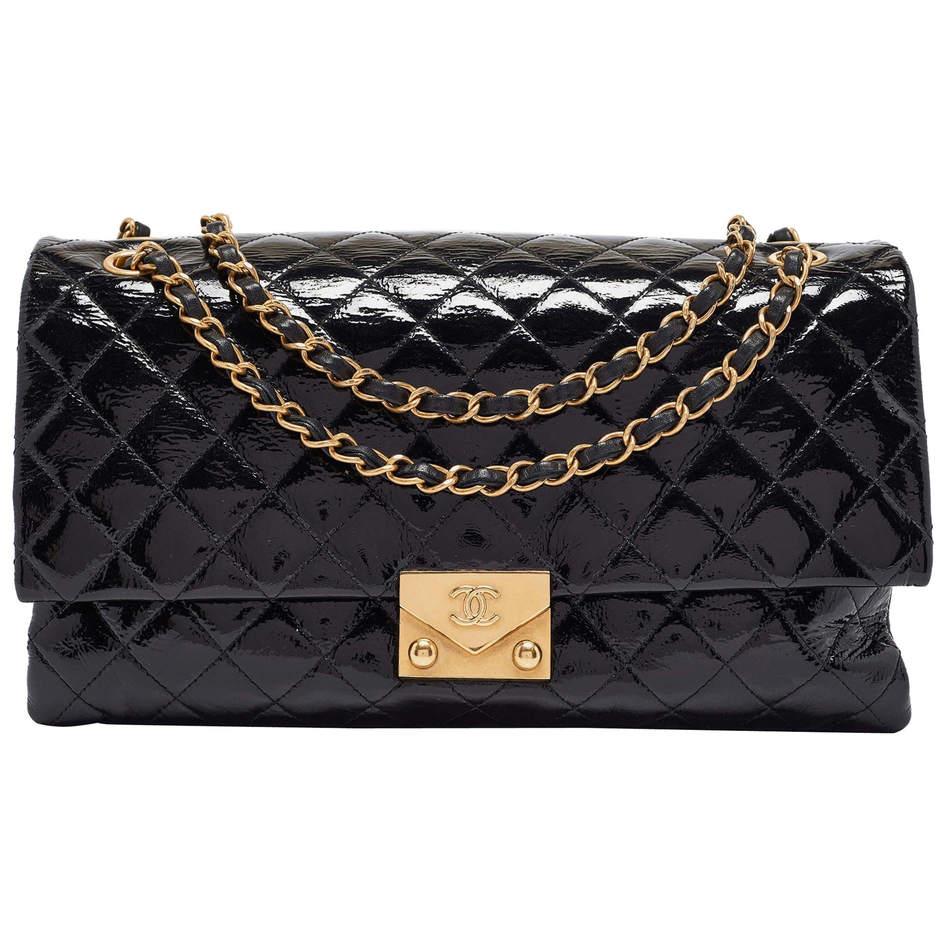 Chanel Black Quilted Patent and Leather Pagoda Accordion Flap Bag