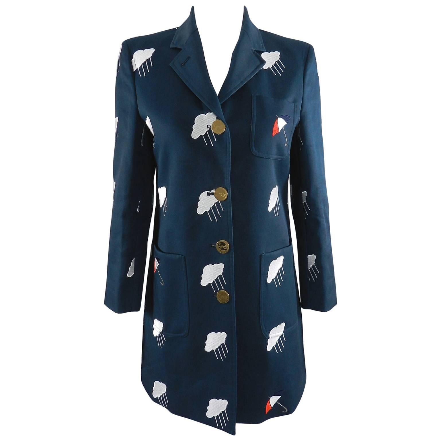 Thom Browne Navy Embroidered Coat with Umbrellas and Clouds