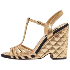 Chanel Gold Leather CC Interlocking Quilted Wedge Sandals Size 40