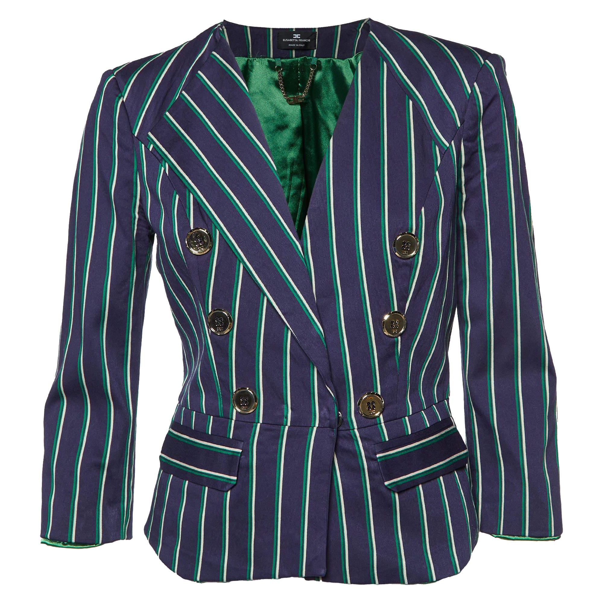 Elisabetta Franchi Navy Blue Striped Button Detail Blazer M For Sale