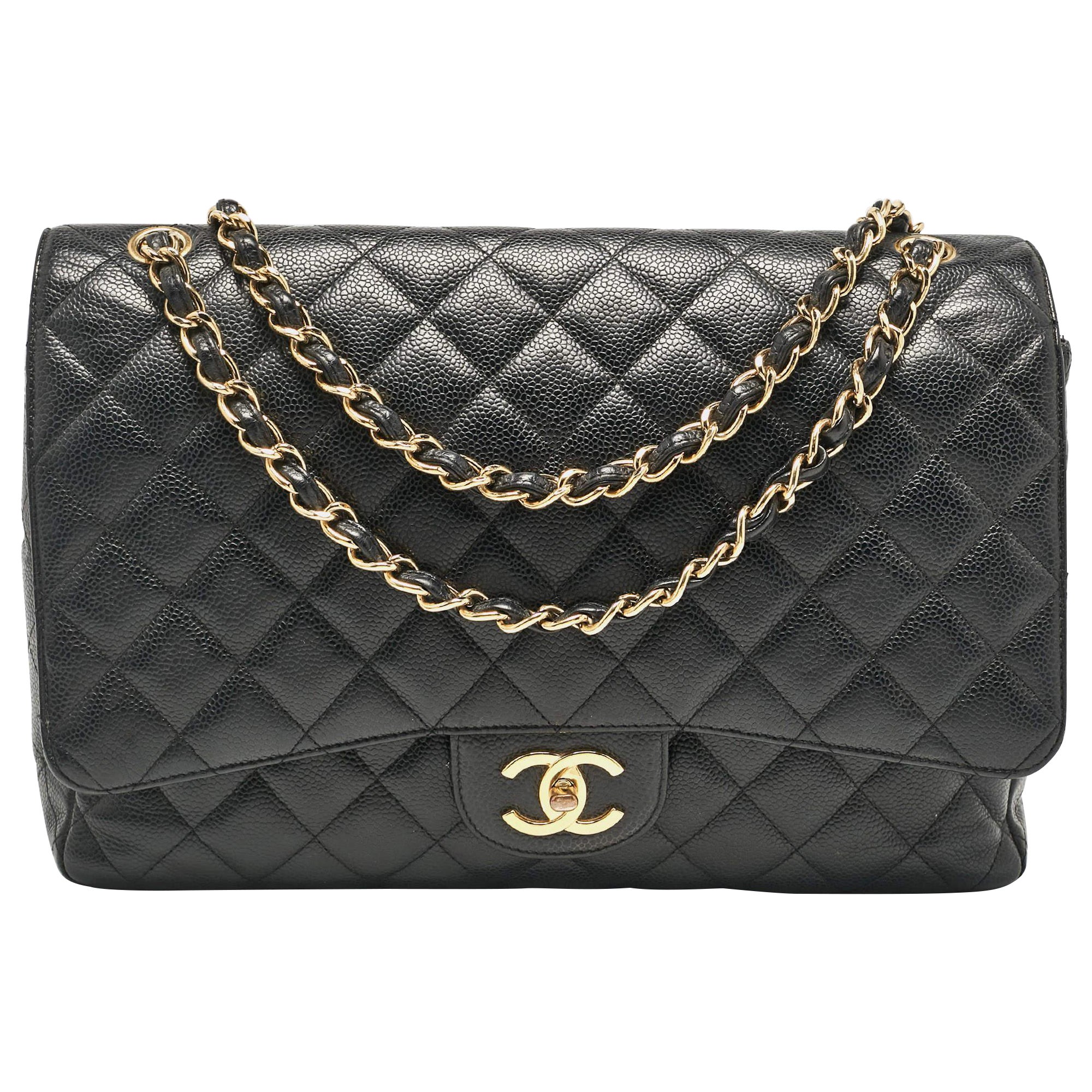 Chanel Black Quilted Caviar Leather Maxi Classic Double Flap Bag For Sale