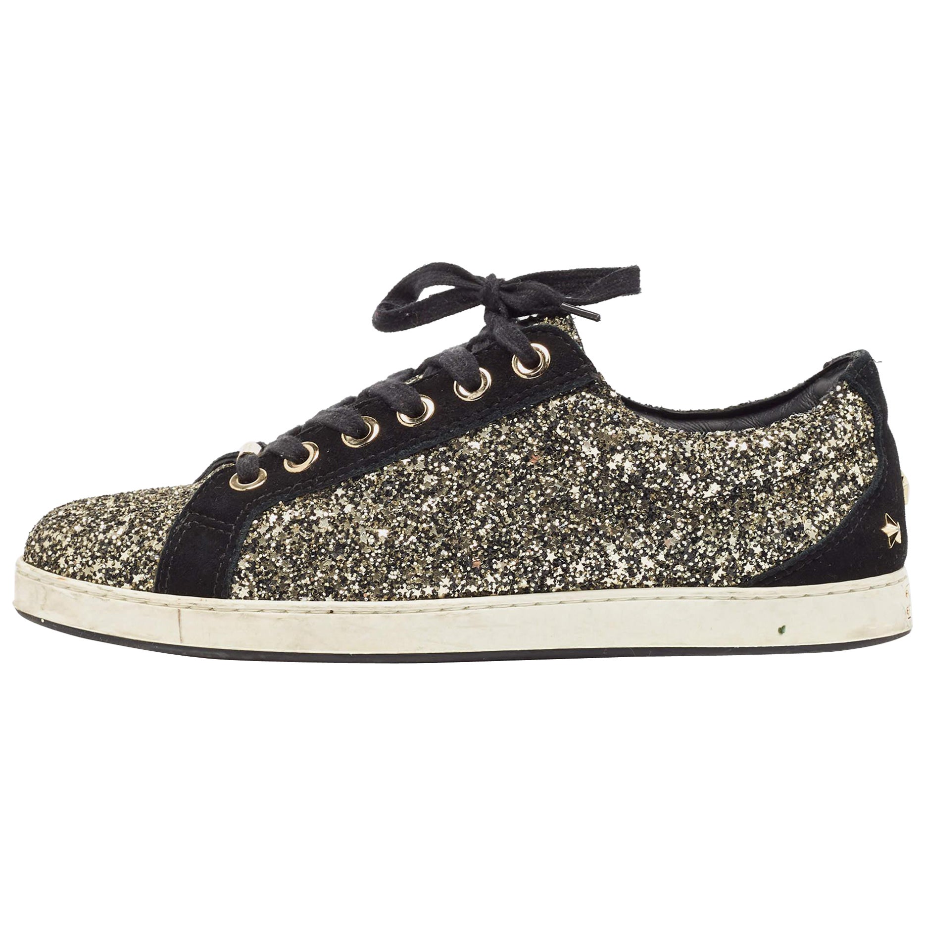 Jimmy Choo Gold/Black Glitter and Suede Lace Up Sneakers 41 For Sale