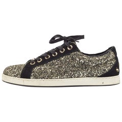 Jimmy Choo Gold/Black Glitter and Suede Lace Up Sneakers 41