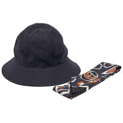 Hermes Black Gabardine and Printed Silk Twilly Bucket Hat