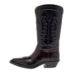 Dior Black/Brown Leather Embroidered Knee Length Boots Size 39.5