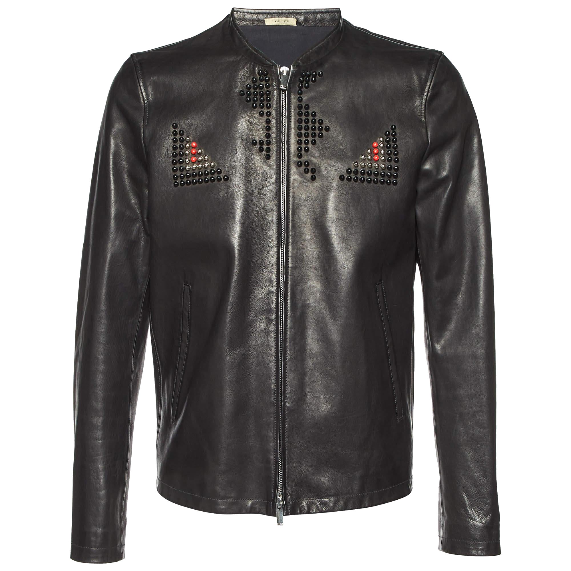 Fendi Black Leather Studded Biker Jacket L For Sale