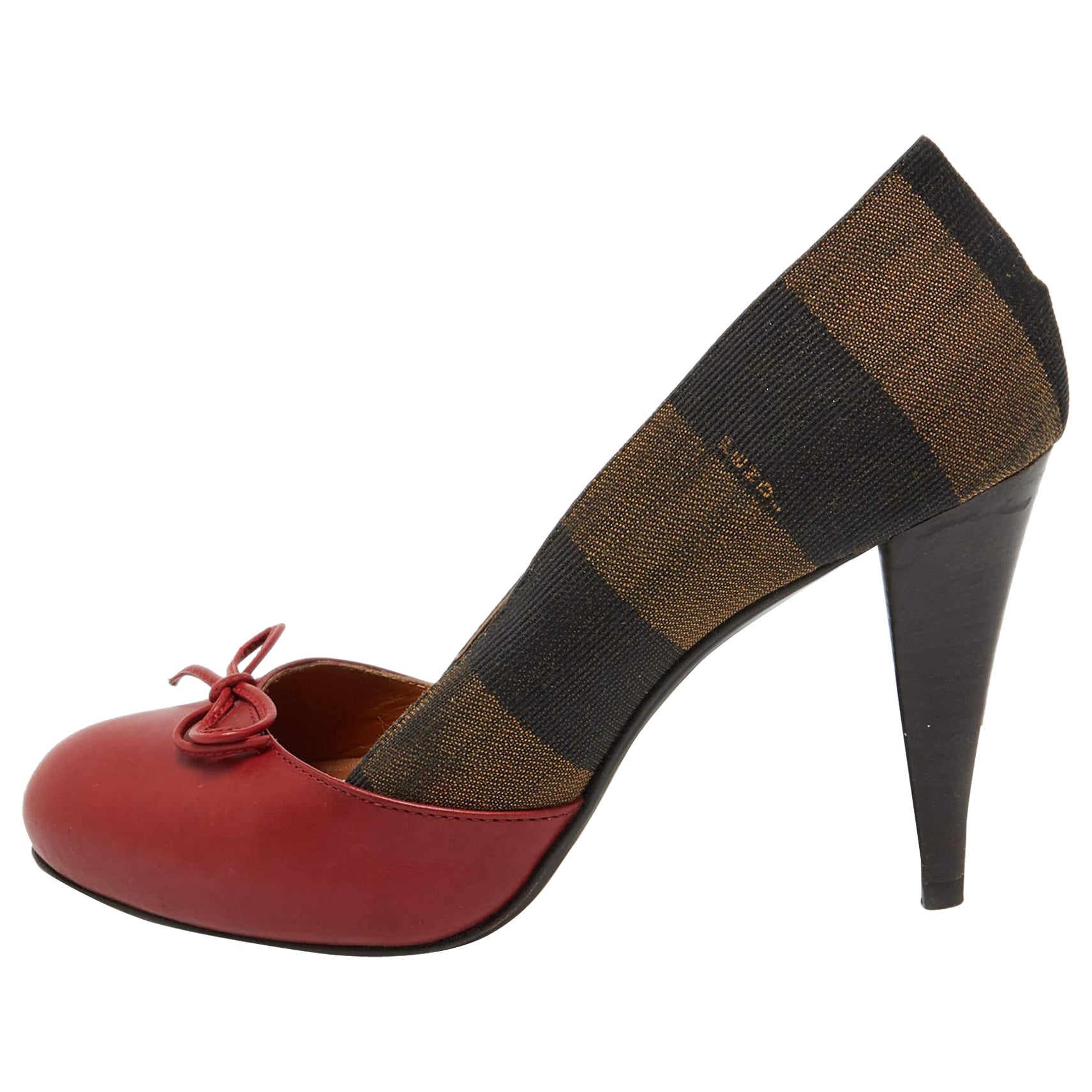 Fendi Red/Brown Leather and Pequin Canvas Bow Pumps Size 37 For Sale