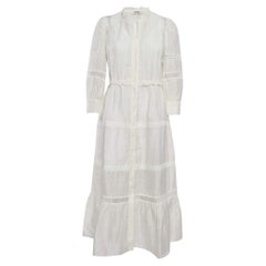 Sandro Ivory White Lace Trim Linen Button Front Midi Dress L
