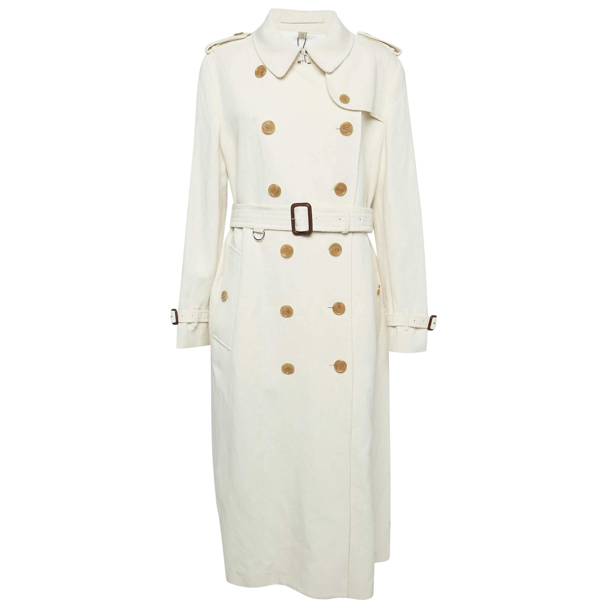 Burberry London Off White Cotton Canvas Double Breasted Long Coat L