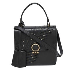 Versace Black Leather Applique Studded Flap Top Handle Bag