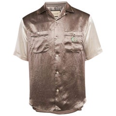 Gucci Brown Logo Applique Satin Hawaii Bowling Shirt S