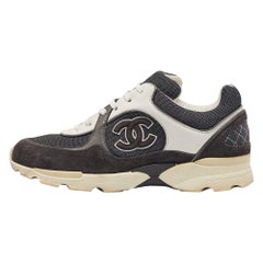 Chanel Grey/White Canvas and Leather CC Low Top Sneakers Size 38.5