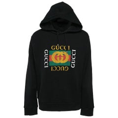 Gucci Black Vintage Print Cotton Knit Distressed Hoodie XXL